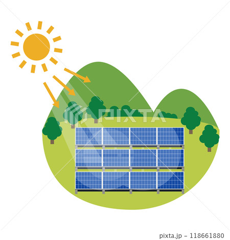ソーラーパネルを使った太陽光発電システムのイラスト ソーラーパネルを使った太陽光発電システムのイラスト 118661880