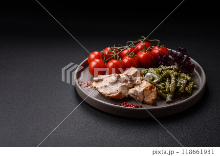 Asian food baked chicken breast with green beans, sesame seeds and sauce 118661931