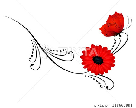 Black branch with a red flower and a butterfly. Black branch with a red flower and a butterfly. 118661991