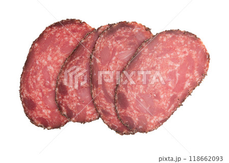 slices of spanish salchichon sausage isolated on white slices of spanish salchichon sausage isolated on white 118662093