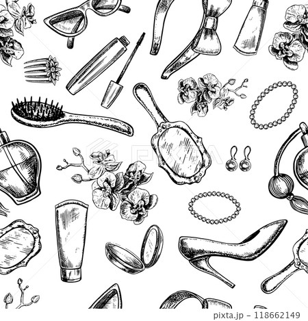 Seamless pattern with women's accessories, cosmetics, jewelry, hair clips and combs, perfumes, etc. Black and white vector graphics made by hand. Illustrations on a white background. 118662149