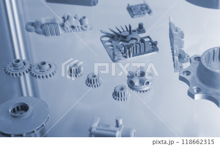 Objects printed on 3D printer from metal powder using Metal Jet technology. High detailed detailing parts. Metal Jet. 3D-printed metal parts. Modern 3D printing, additive manufacturing technologies 118662315