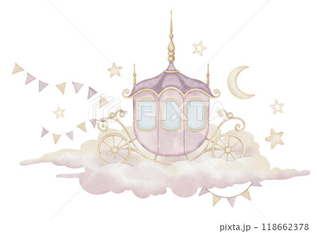 Watercolor Illustration of Fairytale Carriage with garlands and stars on a cloud in Pastel pink Colors. Princess Coach for Nursery Wall Art an baby shower greeting cards. Drawing for girl birthday. Watercolor Illustration of Fairytale Carriage with garlands and stars on a cloud in Pastel pink Colors. Princess Coach for Nursery Wall Art an baby shower greeting cards. Drawing for girl birthday. 118662378