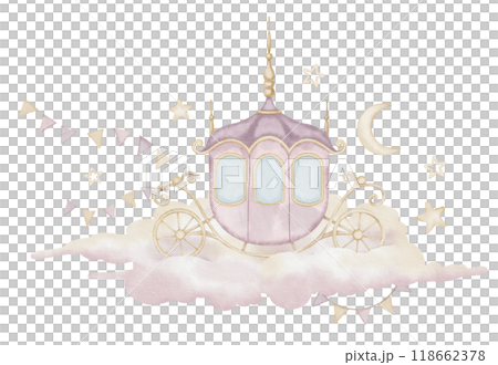 Watercolor Illustration of Fairytale Carriage with garlands and stars on a cloud in Pastel pink Colors. Princess Coach for Nursery Wall Art an baby shower greeting cards. Drawing for girl birthday. Watercolor Illustration of Fairytale Carriage with garlands and stars on a cloud in Pastel pink Colors. Princess Coach for Nursery Wall Art an baby shower greeting cards. Drawing for girl birthday. 118662378