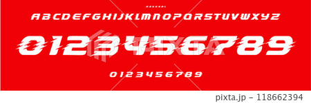 Energy typography, windy speed numbers and letters, bold electric font for extreme sports branding, jersey numbers, team merchandise. Vector typeset 118662394