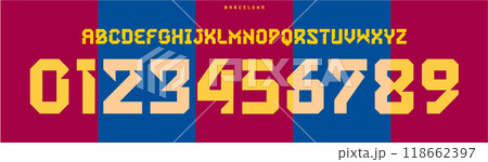 Retro sports typography, angular geometric display style, bold and powerful font for sports branding, jersey numbers, team merchandise. Vector typeset 118662397