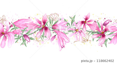 Spring delicate pink flowers, green eucalyptus and flying golden butterflies hand painted horizontal seamless banner on watercolor splashes. Vintage magnolia flower, greenery for textile, package Spring delicate pink flowers, green eucalyptus and flying golden butterflies hand painted horizontal seamless banner on watercolor splashes. Vintage magnolia flower, greenery for textile, package 118662402