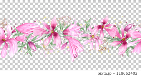 Spring delicate pink flowers, green eucalyptus and flying golden butterflies hand painted horizontal seamless banner on watercolor splashes. Vintage magnolia flower, greenery for textile, package Spring delicate pink flowers, green eucalyptus and flying golden butterflies hand painted horizontal seamless banner on watercolor splashes. Vintage magnolia flower, greenery for textile, package 118662402