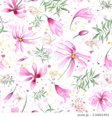 Tropical abstract pink flowers, green leaves and fluttering golden butterflies hand painted horizontal seamless pattern on watercolor colored splashes. Vintage magnolia, greenery for textile Tropical abstract pink flowers, green leaves and fluttering golden butterflies hand painted horizontal seamless pattern on watercolor colored splashes. Vintage magnolia, greenery for textile 118662403