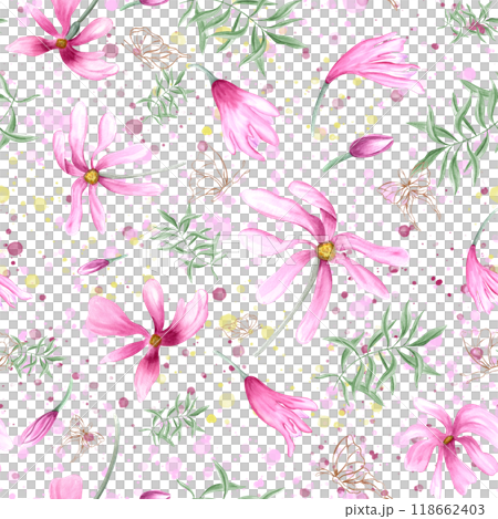 Tropical abstract pink flowers, green leaves and fluttering golden butterflies hand painted horizontal seamless pattern on watercolor colored splashes. Vintage magnolia, greenery for textile Tropical abstract pink flowers, green leaves and fluttering golden butterflies hand painted horizontal seamless pattern on watercolor colored splashes. Vintage magnolia, greenery for textile 118662403