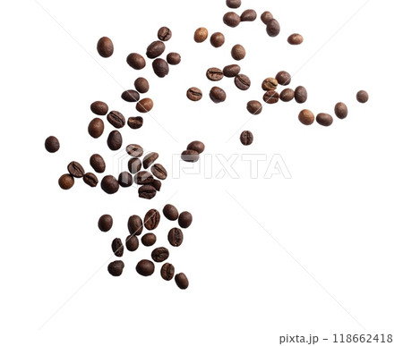 Falling coffee beans isolated on white background with clipping path Falling coffee beans isolated on white background with clipping path 118662418
