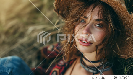 Bohemian woman in hat sitting in a field. 118662504