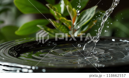 Water droplet creating ripples in a tranquil basin. 118662557