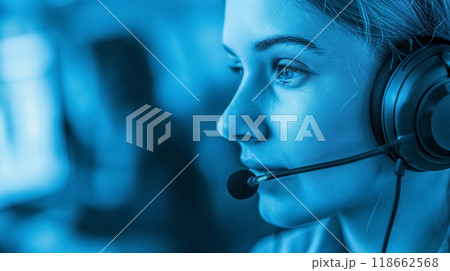 Woman with headset in blue monochrome. 118662568