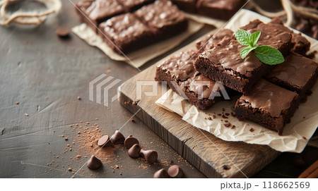 Delicious brownies on rustic wood board. Delicious brownies on rustic wood board. 118662569