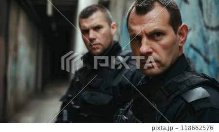 Two serious security officers standing alert. 118662576