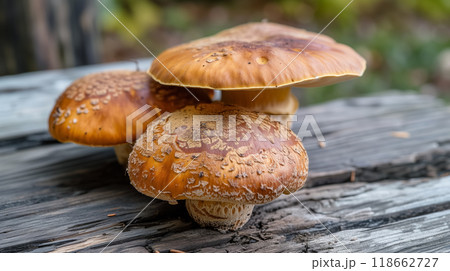 Mushrooms growing on a weathered log. 118662727