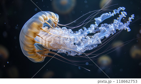 Graceful jellyfish floating in deep blue sea. 118662753