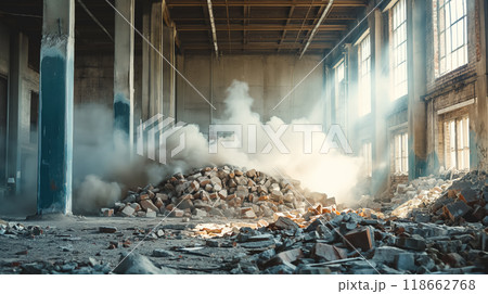 Demolished building with dust clouds. 118662768