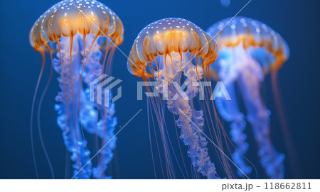 Glowing jellyfish floating in deep blue sea. 118662811