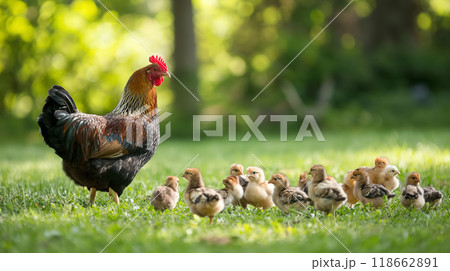 Rooster with chicks strolling on a grassy lawn. 118662891