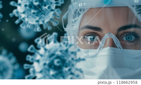 Healthcare worker with protective gear among viruses. 118662958
