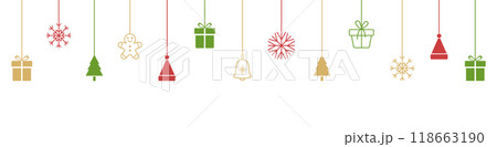 Christmas color baubles with snowflake, green tree, gingerbread, gift box. Holiday hanging on white background. Line art winter icon. New year card. Party design element. Vector illustration 118663190