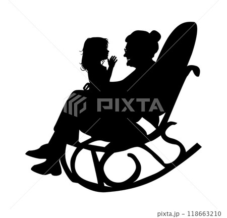 Silhouette of a grandmother with her granddaughter in her arms sitting in a rocking chair. hand drawn. Not AI, Vector illustration Silhouette of a grandmother with her granddaughter in her arms sitting in a rocking chair. hand drawn. Not AI, Vector illustration 118663210