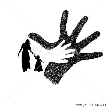 Happy Mother and Baby. Silhouette of a mother holding a child's hand, a symbol of care. hand drawn. Not AI, Vector illustration Happy Mother and Baby. Silhouette of a mother holding a child's hand, a symbol of care. hand drawn. Not AI, Vector illustration 118663211