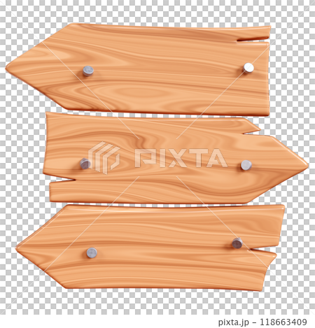 Wooden arrow plaque with cracks and nails for text box. Cartoon 3d render illustration of signboard with brown wood texture. Vintage rustic timber plank, nameplate or board frame with fracture. 118663409