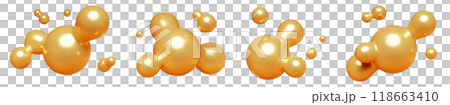 Golden abstract liquid metaball shape. 3d render illustration set of fluid soft bubble blob. Organic gold bright decorative sphere geometric form. Morphing ball aqua drop or molecule. Flow particles. 118663410