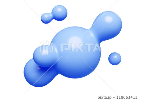 Blue abstract liquid metaball shape. 3d render illustration of fluid soft bubble blob. Organic bright decorative sphere geometric form. Morphing ball aqua drop or molecule. Flow particles. 118663413