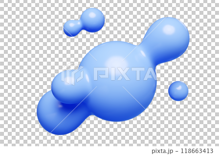 Blue abstract liquid metaball shape. 3d render illustration of fluid soft bubble blob. Organic bright decorative sphere geometric form. Morphing ball aqua drop or molecule. Flow particles. 118663413