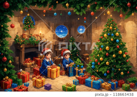 Two children unpack Christmas presents, Christmas holiday, Christmas tree and cozy interior. Christmas illustration 118663438