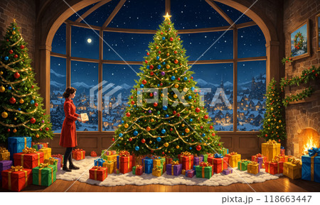 Woman wearing red coat standing by decorated Christmas tree with gift in hand, beautiful interior of living room, Christmas illustration Woman wearing red coat standing by decorated Christmas tree with gift in hand, beautiful interior of living room, Christmas illustration 118663447