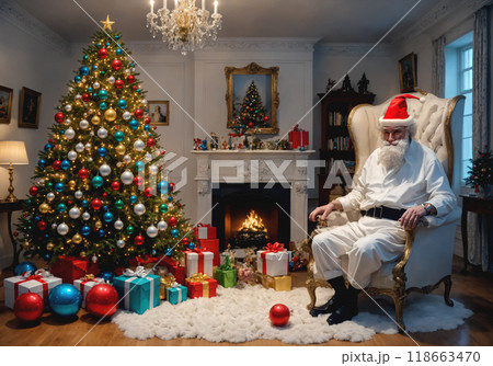 An elderly man dressed in white with a red Christmas hat on his head sits in an armchair in the living room, the room is decorated with a Christmas tree and decorations 118663470