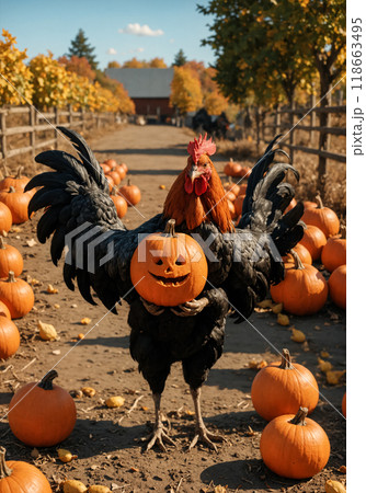 Funny black cock holds Halloween pumpkin, in the background garden with home cultivation of pumpkins. Creative Halloween photography Funny black cock holds Halloween pumpkin, in the background garden with home cultivation of pumpkins. Creative Halloween photography 118663495