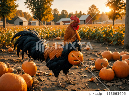 Funny black cock holds Halloween pumpkin, in the background garden with home cultivation of pumpkins. Creative Halloween photography 118663496