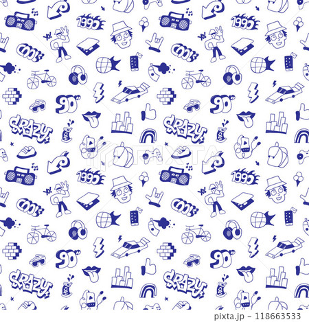 Summer city life seamless vector pattern , hand drawn characters objects words sketch funny background for kids 118663533
