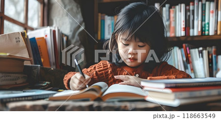 Asian Girl Child Student Concentrating on Homework at a Study Desk Surrounded by Books in a Simple Clean Room 118663549