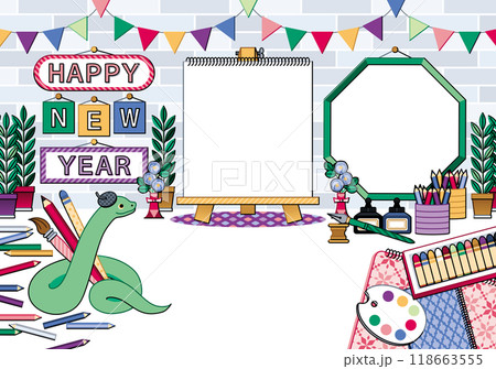 巳年イラスト年賀状デザイン「クリエーター蛇のアトリエ」HAPPY NEW YEAR 巳年イラスト年賀状デザイン「クリエーター蛇のアトリエ」HAPPY NEW YEAR 118663555