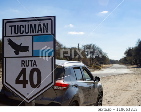 Driving along the mythical route 40, in Argentina, in a sunny day. 118663815