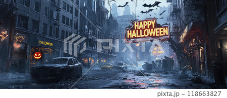 Neon sign Happy Halloween in dark abandoned city, spooky apocalyptic scene with bat at night. Concept of horror, dystopia, background, street. 118663827