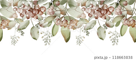 Fall Watercolor Seamless Border with Rowan and Autumn Berry. Illustration of herbarium Green Leaves and hawthorn for packaging tea, greeting cards or wedding invitations. Frame for Pattern. 118663838