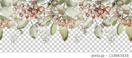 Fall Watercolor Seamless Border with Rowan and Autumn Berry. Illustration of herbarium Green Leaves and hawthorn for packaging tea, greeting cards or wedding invitations. Frame for Pattern. 118663838
