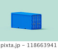 A pristine, blue maritime cargo container is shown in isometric isolation, its smooth surface reflecting the light. The container's clean lines and vibrant color make it a visually striking image. 118663941
