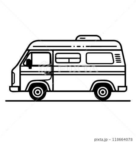 van icon or modern line symbol. Vector line art and icon design with bold outline. Black and white Pixel Perfect minimalistic symbol isolated white background. Silhouette simple thin sign van icon or modern line symbol. Vector line art and icon design with bold outline. Black and white Pixel Perfect minimalistic symbol isolated white background. Silhouette simple thin sign 118664078