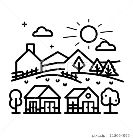 village icon or modern line symbol. Vector line art and icon design with bold outline. Black and white Pixel Perfect minimalistic symbol isolated white background. Silhouette simple thin sign 118664096