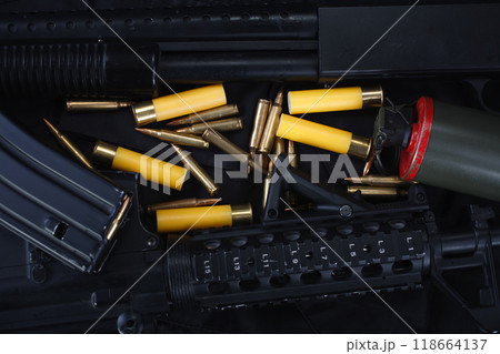 weapon and ammunition on riot police black uniform 118664137