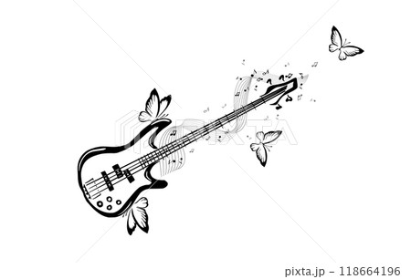 Guitar and notes abstract with butterflies. hand drawing. Not AI. Vector illustration. Guitar and notes abstract with butterflies. hand drawing. Not AI. Vector illustration. 118664196